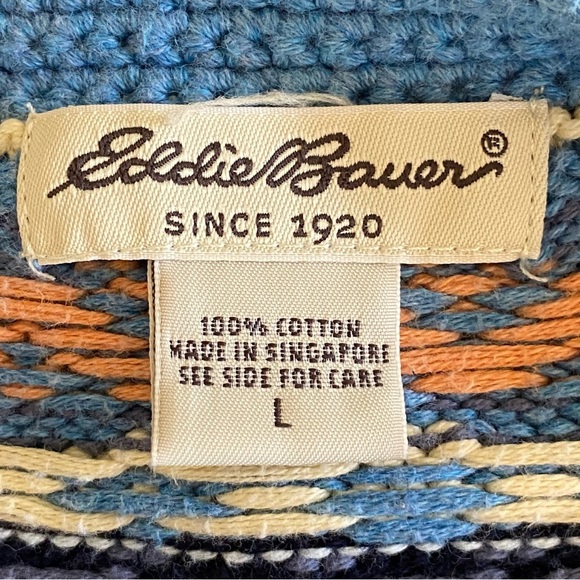 VINTAGE Eddie Bauer Women Cotton Sweater Fair Isle Cardigan V Neck 90s Sz Large - Picture 5 of 7